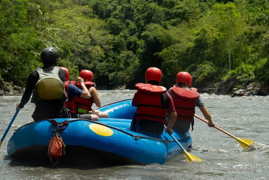 Rear view of five people rafting in a river