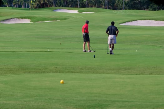 Two men playing golf in a golf course