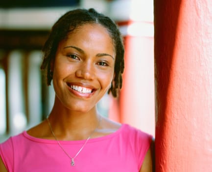 Portrait of a young woman leaning against a column, Bermuda