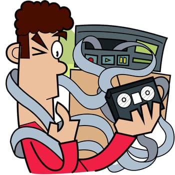 Close-up of a man holding a damaged cassette