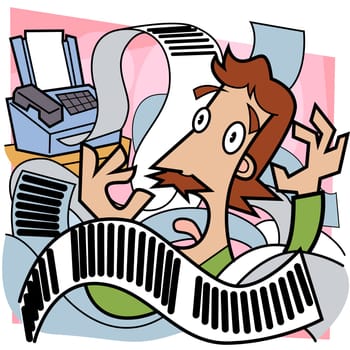 Close-up of a man surrounded by fax printouts