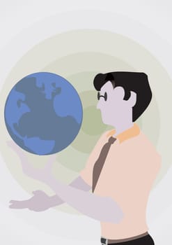 Side profile of a businessman holding a globe