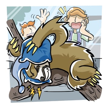 Close-up of a bear covering its ears with a pillow with two boys shouting in the background