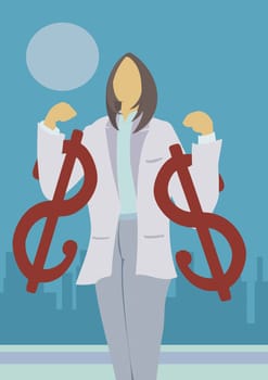 Businesswoman standing with two dollar signs