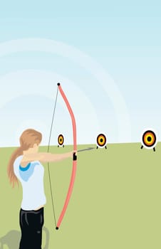 Side profile of a woman aiming a target with a bow and arrow