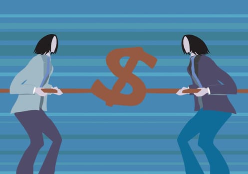 Side profile of two businesswomen holding a dollar sign