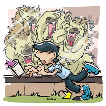 Wolves laughing at a boy tripping over a stone with a drink