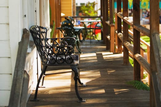 Side profile of a bench on a porch, Old Town San Diego, California, USA