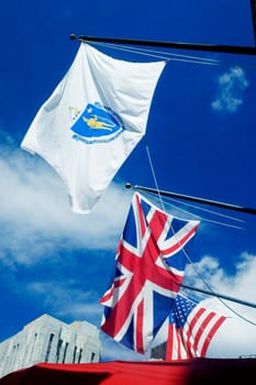 Low angle view of the British and American flags, Boston, Massachusetts, USA