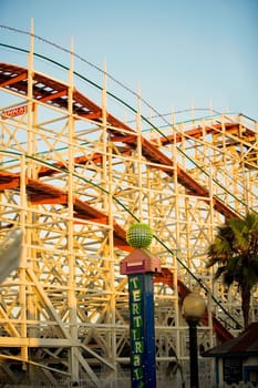 Low angle view of the framework of a rollercoaster, San Diego, California, USA