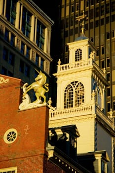 High section view of buildings in a city, Old State House, Boston, Massachusetts, USA