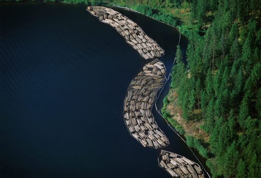 Log rafts flowing to a sawmill, Idaho