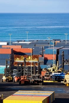 High angle view of cargo containers at a commercial dock