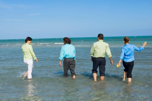 Rear view of two mid adult couples wading on the beach
