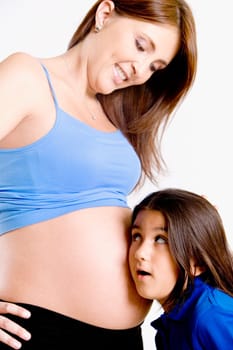 Side profile of a girl listening to a pregnant young womanŽs abdomen