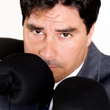 Portrait of a businessman wearing boxing gloves