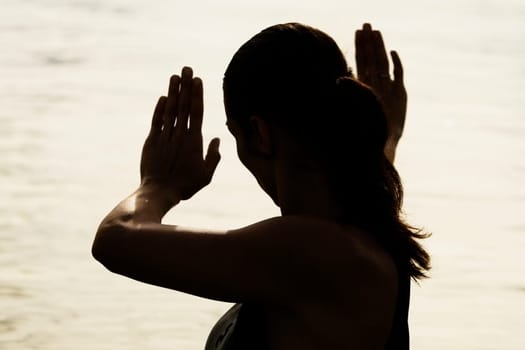 Silhouette of a young woman practicing martial arts