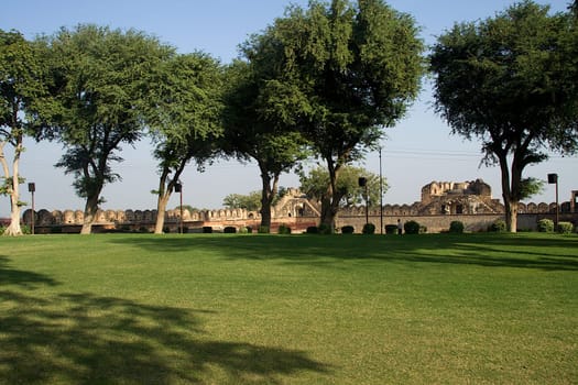 View of spacious, trimmed grass turf and lofty trees inside fort at Jhansi in Uttar Pradesh, India, Asia