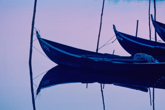 Fishing boats moored in a row, Valenca, Portugal