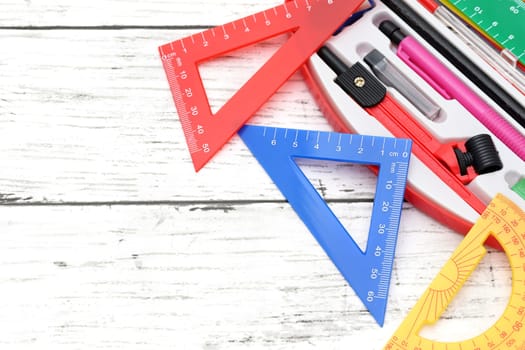 School supplies on a white wooden table