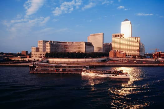 Distant view of Canary Wharf, River Thames in London, England