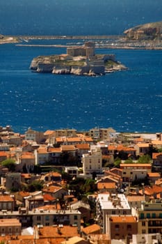 High angle view of a modern city and Chateau DŽIF, Marseille, France