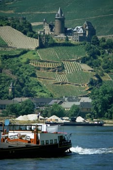 Low angle view of a castle on a hill, Reichenstein Castle, Rhineland-Palatinate, Rhine River, Germany