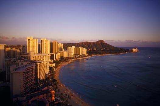 High angle view of buildings at the waterfront, Hawaii, USA