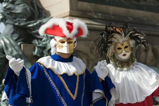Close-up of two people in carnival costumes, Venice, Italy