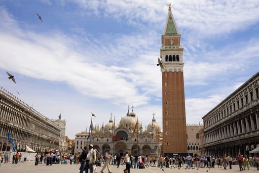 Low angle view of a bell tower, St  MarkŽs Cathedral, St  MarkŽs Square, Venice, Italy