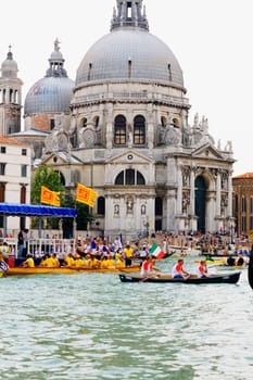 Gondolas in front of a church, Regatta Storica, Santa Maria Della Salute, Venice, Italy