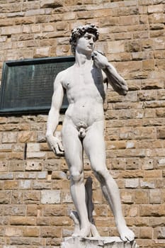 Statue in front of a brick wall, MichelangeloŽs David, Piazza Della Signoria, Florence, Italy