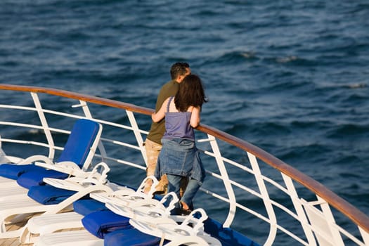 High angle view of a couple leaning against a railing, Istanbul, Turkey