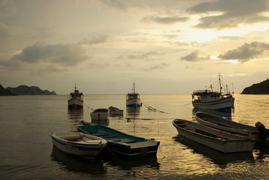 Boats anchored at the port, Taganga Bay, Departamento De Magdalena, Colombia