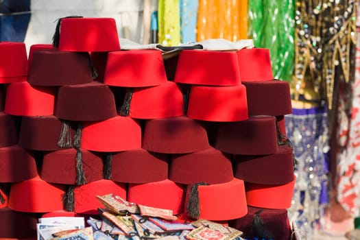 Close-up of caps at a market stall, Istanbul, Turkey
