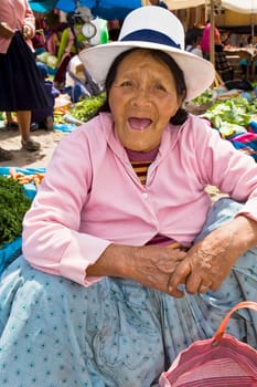 Portrait of a senior woman crouching at a market stall, Peru