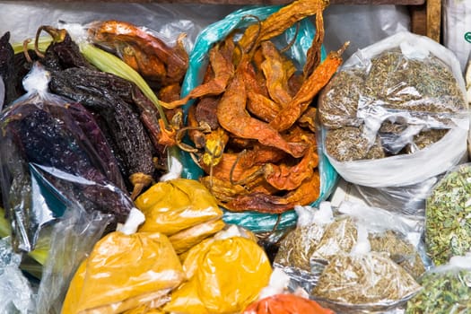 High angle view of assorted spices at a spice stall, Pisaq, Cuzco, Peru
