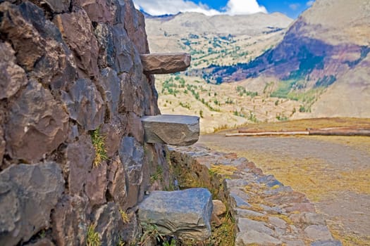 Old ruins of a stone wall, Pisaq, Cuzco, Peru