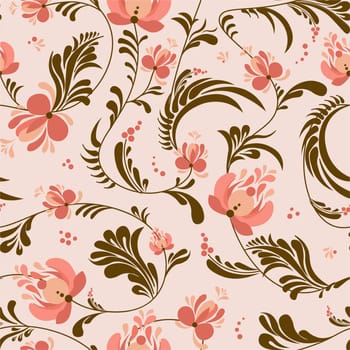 Spring trend pattern. Seamless pattern for printing onto fabric and textile design. Fashionable print for paper in ethnic style. Vector illustration. Pink color.