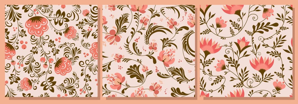 Spring trend pattern. Seamless pattern for printing onto fabric and textile design. Fashionable print for paper in ethnic style. Vector illustration. Pink color.