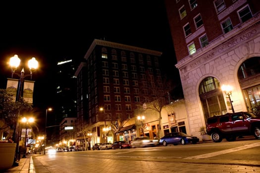 Low angle view of buildings on the roadside, Orlando, Florida, USA