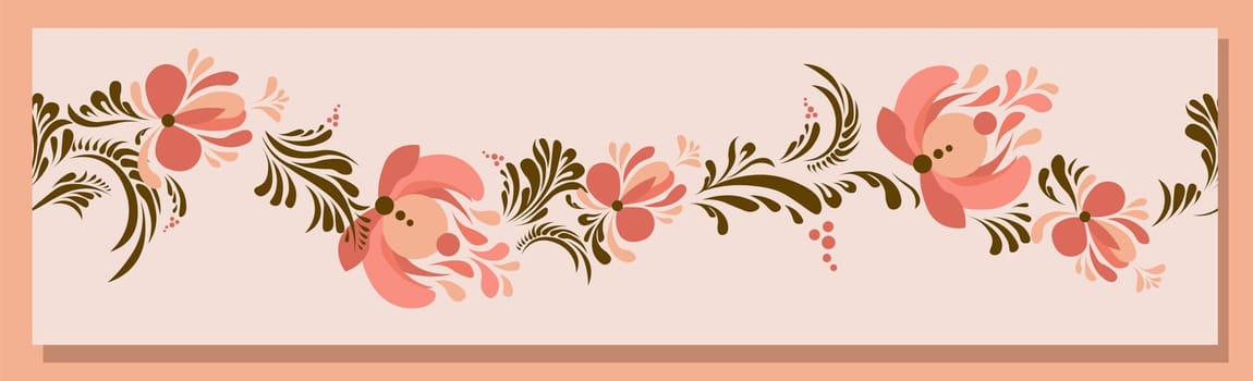 Spring trend pattern. Seamless border for printing on fabric and textile design. Fashionable print for paper in ethnic style. Vector illustration. Pink color.