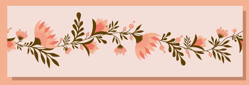 Spring trend pattern. Seamless border for printing on fabric and textile design. Fashionable print for paper in ethnic style. Vector illustration. Pink color.
