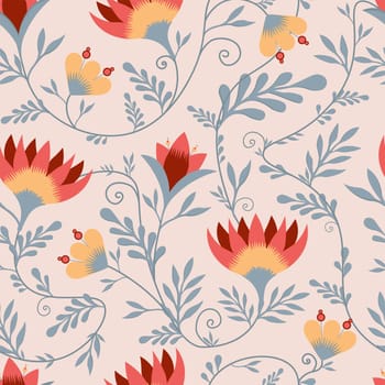 Spring trend pattern. Seamless pattern for printing onto fabric and textile design. Fashionable print for paper in ethnic style. Vector illustration. Pink color.