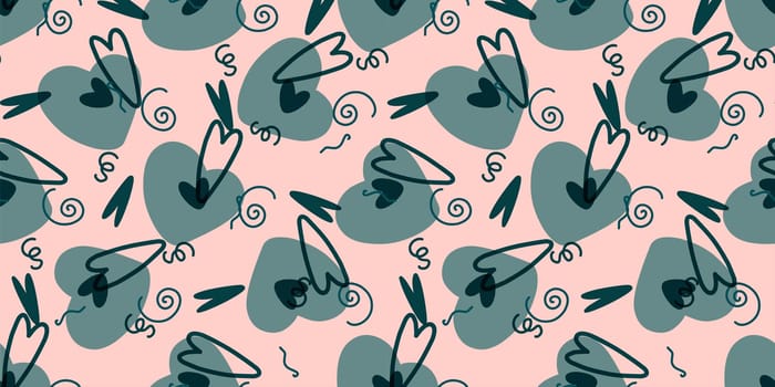 Valentine's day flat banner, funny hearts on pink background. Seamless vector design.