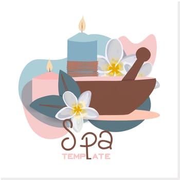 Relaxing spa set on white background, close up. Cosmetics advertising illustration, simple and healthy skin care concept, product layout. Advertising poster for a spa salon.