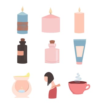 Set of flat vector illustrations of spa service. Items for spa treatments. Wellness center package of procedures and equipment. Hot stone massage, foot bath and green tea. Aromatherapy and fish peelin