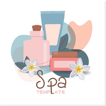 Relaxing spa set on white background, close up. Cosmetics advertising illustration, simple and healthy skin care concept, product layout. Advertising poster for a spa salon.