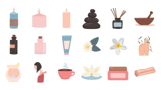 Set of flat vector illustrations of spa service. Items for spa treatments. Wellness center package of procedures and equipment. Hot stone massage, foot bath and green tea. Aromatherapy and fish peelin