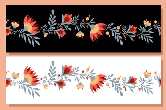 Spring trend pattern. Seamless border for printing on fabric and textile design. Fashionable print for paper in ethnic style. Vector illustration. Pink color.